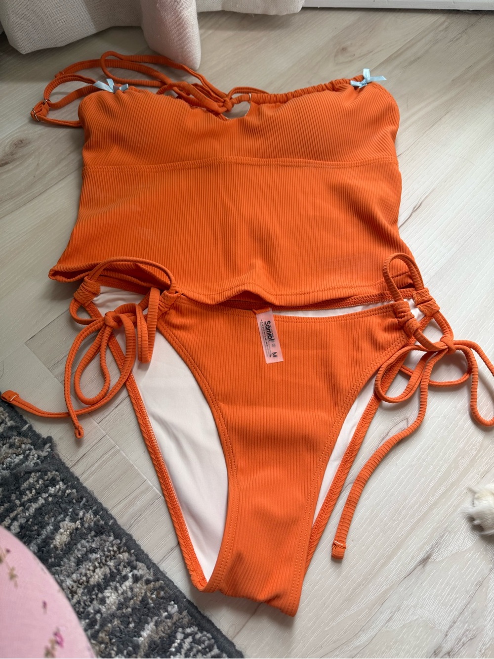 Women's Ribbed Orange Tie-Side Bikini Set